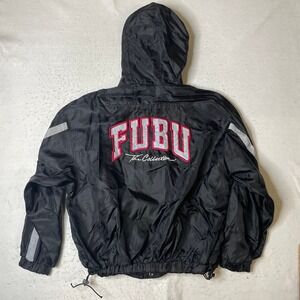 FUBU Windbreaker Jacket Mens Large Black Embroidered Hooded Full Zip Vintage 90s
